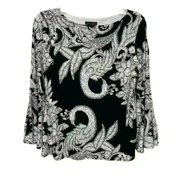 Eva Varro black/white tunic sz S,3/4 Flowy bottom sleeve, stunning peacock print - Picture 5 of 7